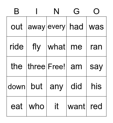 Sight Words Bingo Card