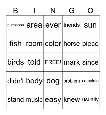 Sight Words Bingo Card