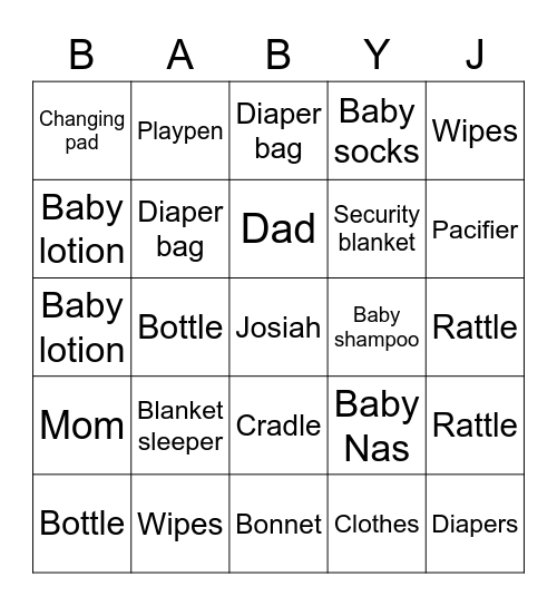 JOSIAH Bingo Card
