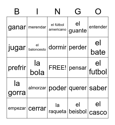 Spanish Words Bingo Card