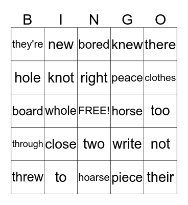 Homophone  Bingo Card