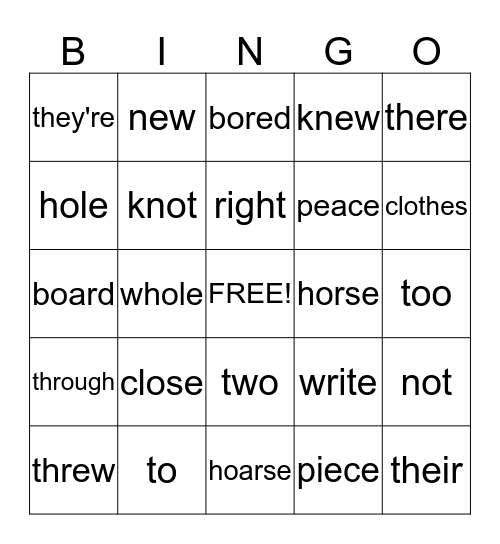Homophone  Bingo Card