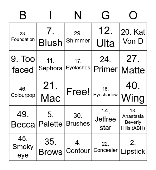 Make Up Bingo Card
