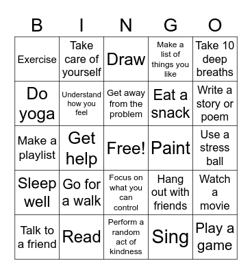 Stress Management Bingo Card