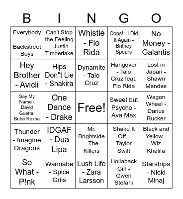 Songs Bingo Card