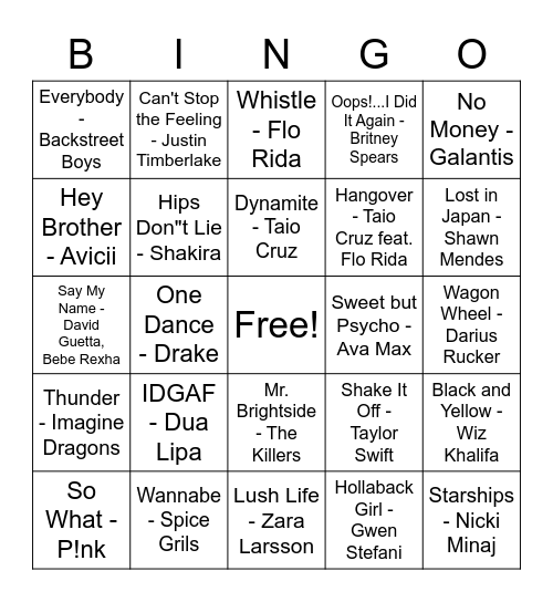 Songs Bingo Card