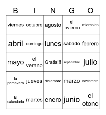 Spanish Calendar Bingo Card