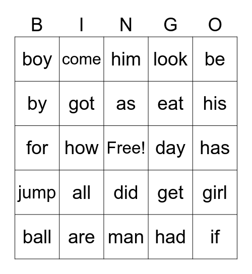 Sight Words 1-24 Bingo Card