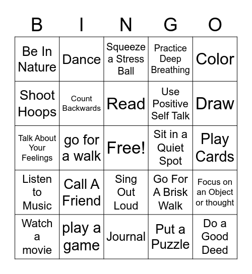 Coping Skills Bingo Card