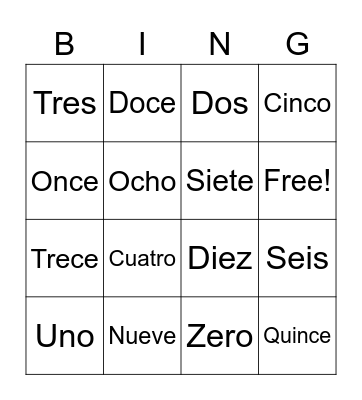 Spanish Numbers Bingo Card