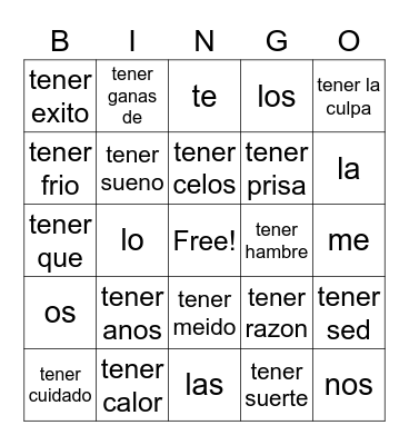 Spanish Words Bingo Card