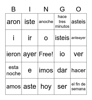 Spanish Words Bingo Card