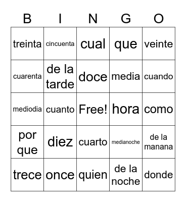 Spanish Words Bingo Card
