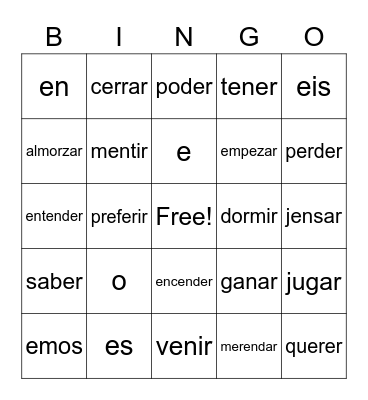 Spanish Words Bingo Card