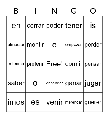 Spanish Words Bingo Card