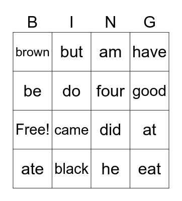 Sight Words Bingo Card