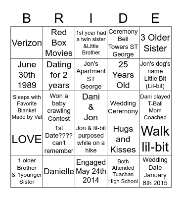 Dani's Bridal Bingo Game  Bingo Card