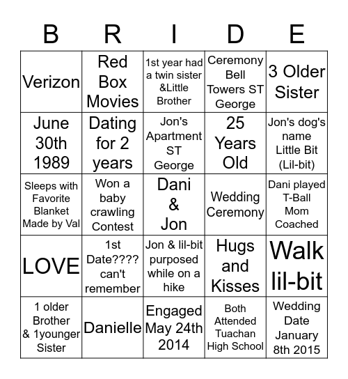 Dani's Bridal Bingo Game  Bingo Card