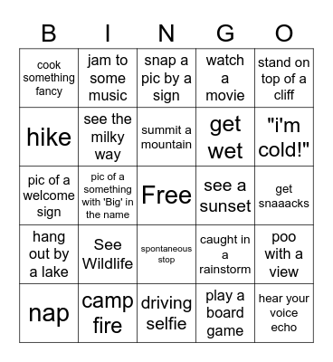 Vanlife Road Trip Bingo Card