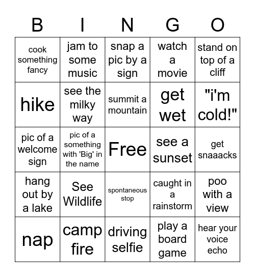 Vanlife Road Trip Bingo Card