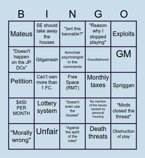 FFXIV Multiple houses thread Bingo Card