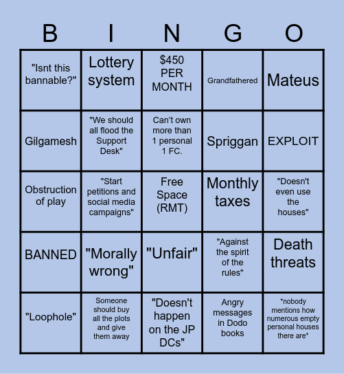 FFXIV Multiple House Ownership Thread Bingo Card