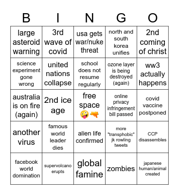 2nd Half of 2020 Predictions Bingo Card