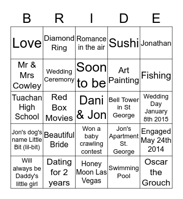 Dani's Bridal Bingo Game  Bingo Card