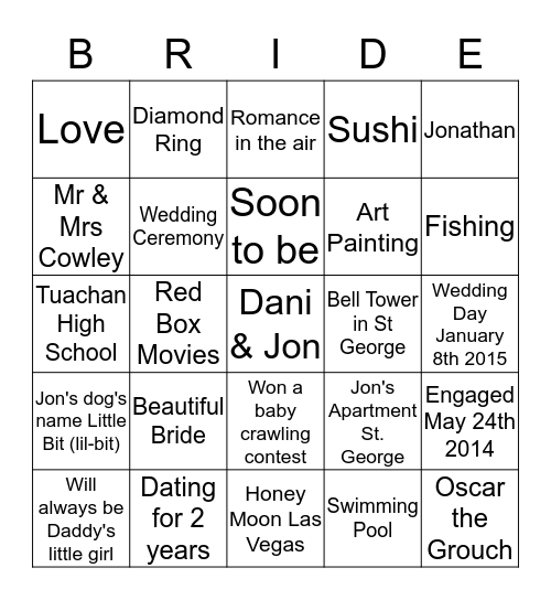 Dani's Bridal Bingo Game  Bingo Card