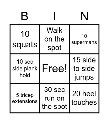 Fitness Bingo Card