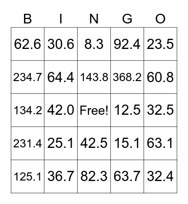 Tenths Place Value Bingo Card