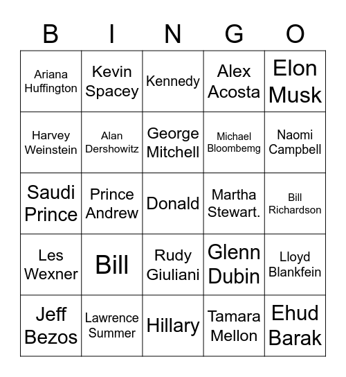 Ghislaine Maxwell Trial Bingo Card