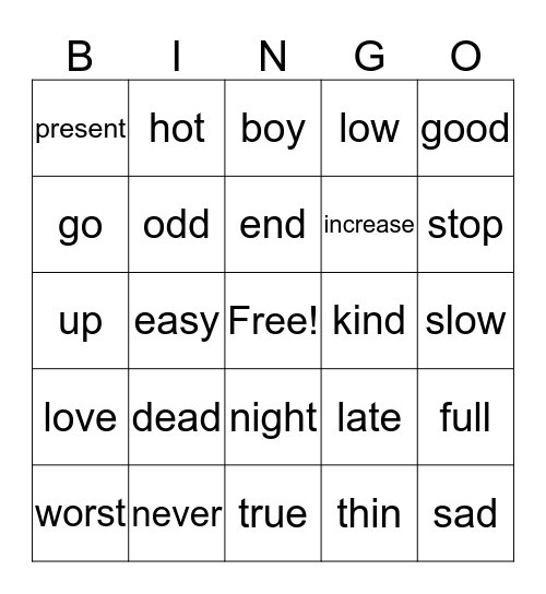 Antonyms Bingo Card