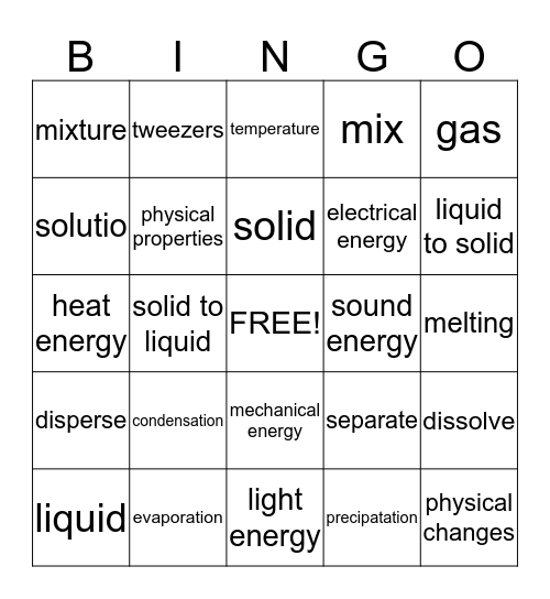 Science - Matter/Energy Bingo Card