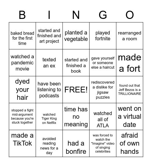 IN THE LAST TWO MONTHS I . . . Bingo Card
