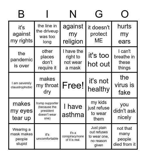 Mask Bingo Card