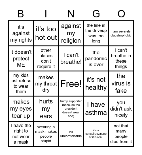 Mask Bingo Card