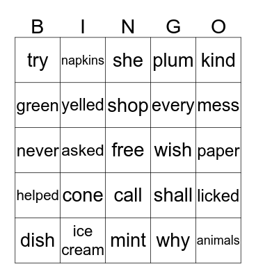 Miss Jill's Ice Cream Shop Bingo Card