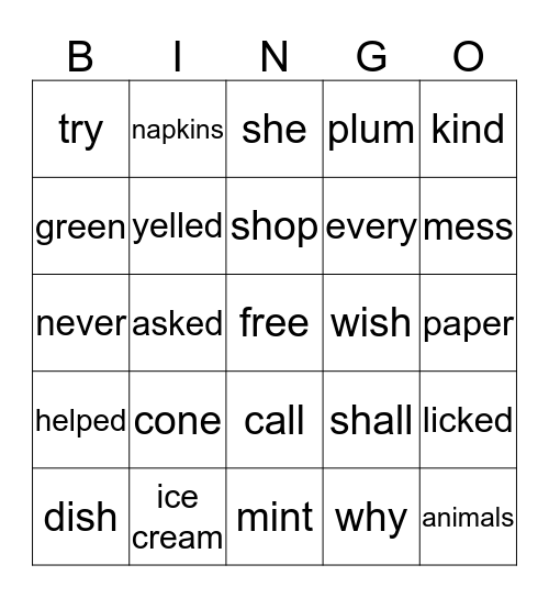 Miss Jill's Ice Cream Shop Bingo Card