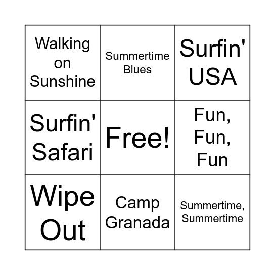 Summer Song Bingo Card