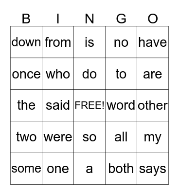 Sight Words Bingo Card