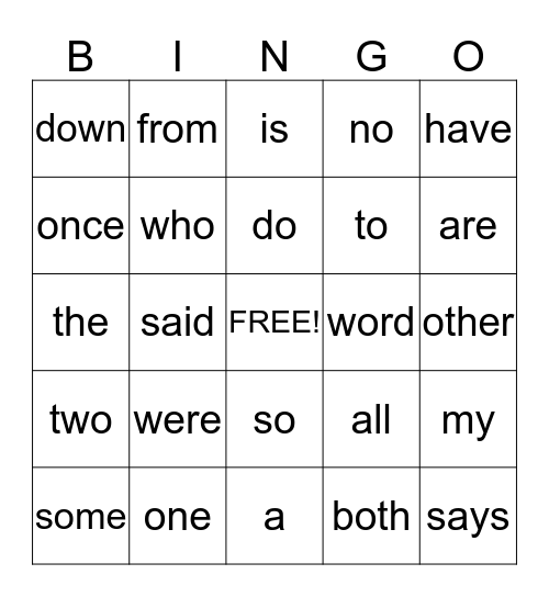 Sight Words Bingo Card