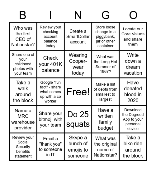 Post-Closing Bingo Card