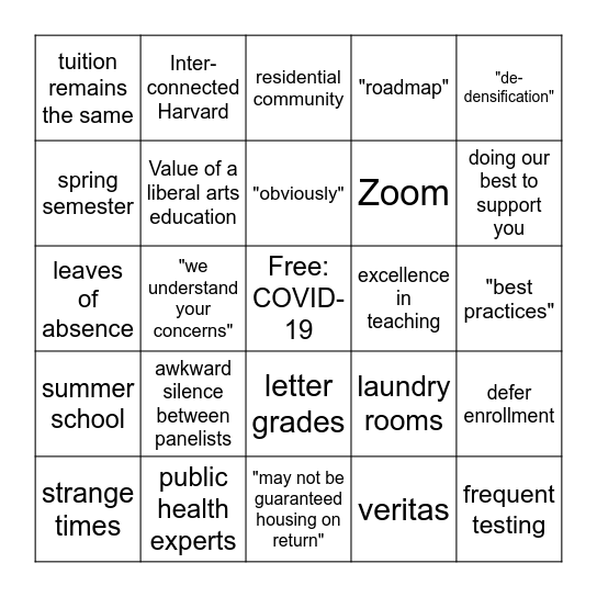 Harvard Fall Opening Shots Bingo Card