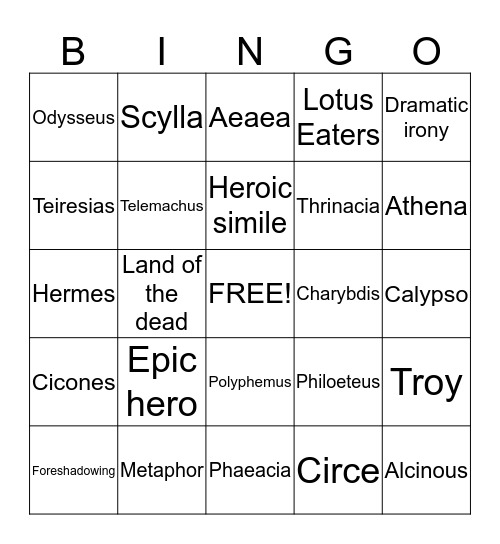 Odyssey Game Bingo Card
