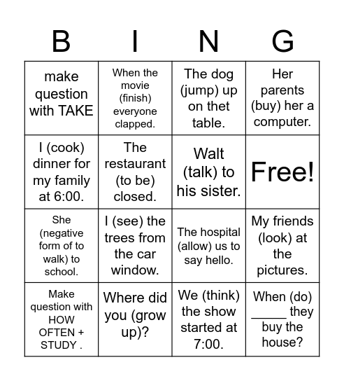Past Tense Practice - USE PAST TENSE Bingo Card