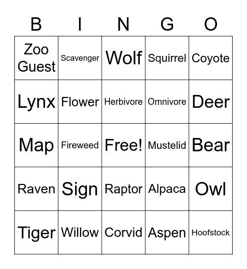 Alaska Zoo Bingo Card