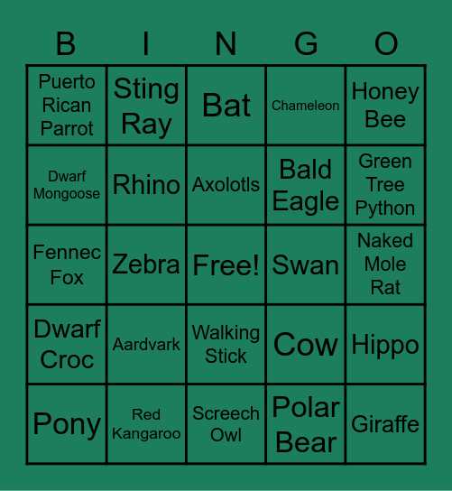 Lincoln Park Zoo Animal Bingo Card