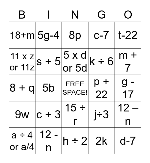 Algebraic Expressions Bingo Card