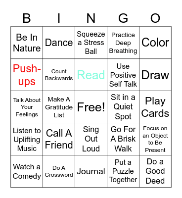 Coping Skills Bingo Card